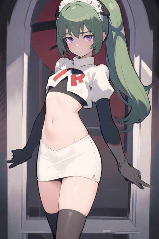 (best quality:1.3),(masterpiece:1.3),(illustration:1.3),(ultra-detailed:1.3),(imid shot:0.9),
1girl,solo,short neck,small breasts,
purple eyes,
twintails, maid headdress,green hair, team rocket,team rocket uniform,white skirt,red letter R,crop top,black thigh-highs,black elbow gloves