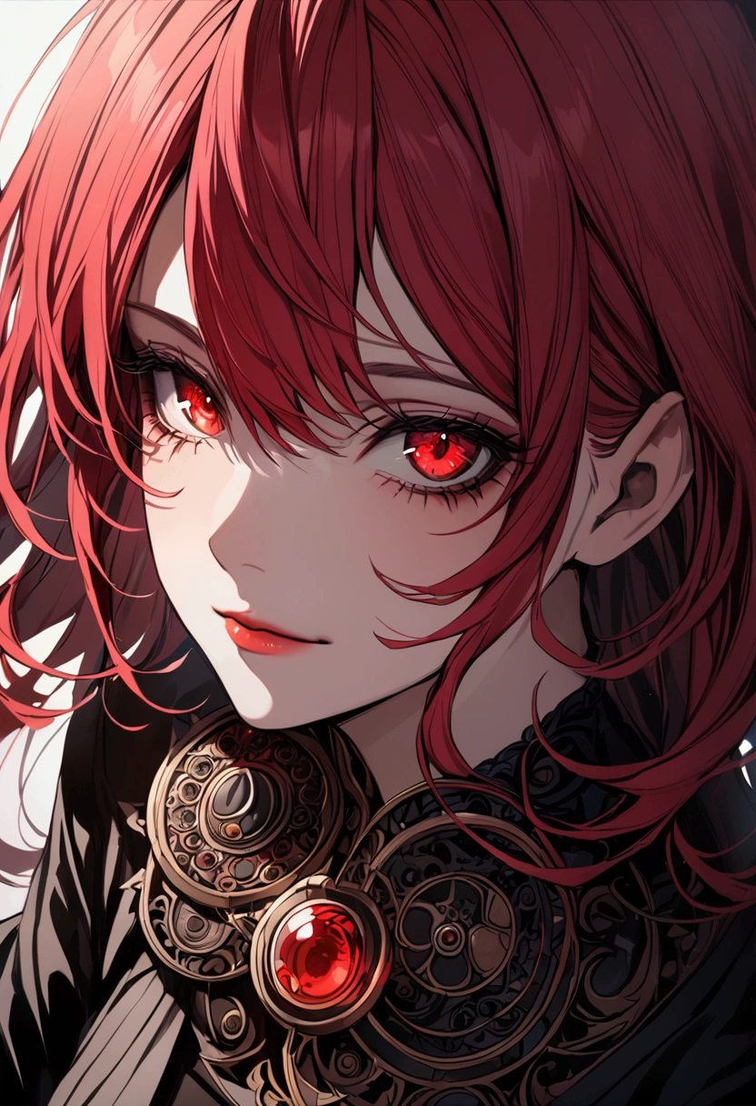 woman with black and red hair, red eyes with circles on the iris, with a dark smile

