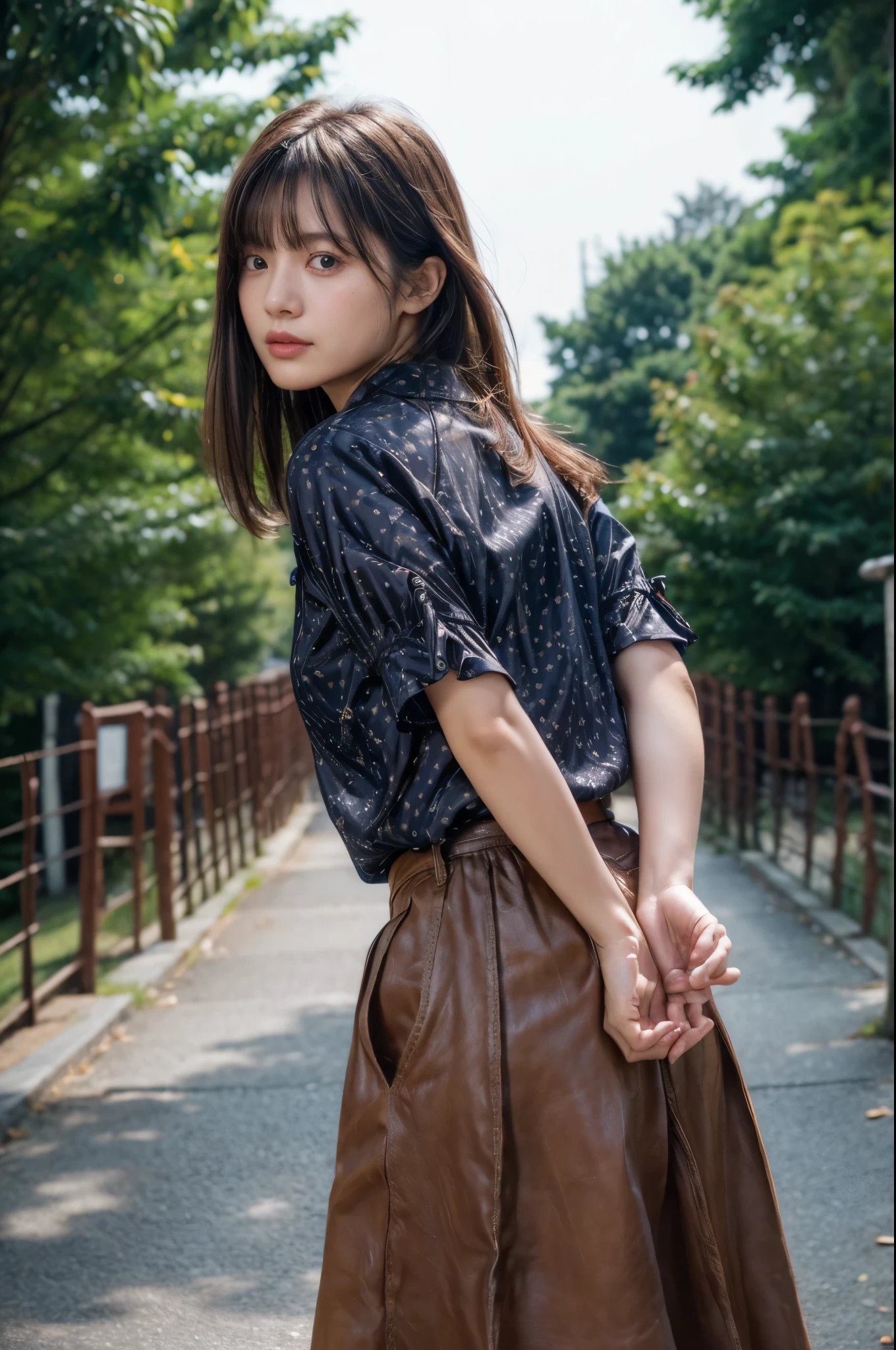 The woman has her hands tied、((Put your hands behind your back))、((Place your hands together and cross them behind your back))、(((Her wrists are tied with rope)))、Beauty、20age、university student、(anatomicaly, Has two arms and two hands)、Standing on a hill at night、There are a lot of trees、Beautiful night sky、There are many stars、A strong wind is blowing、Wearing a short-sleeved blouse、Wear a long skirt、Uniform eyes、Proportioned proportionedium build、Small breasts、Small face、(I can see from head to heel), Black Hair, bangs, swept bangs, Straight hair, Nervous, Messy Hair, Floating hair, Cinema Lighting, tachi-e, First-person view, throw, From behind, F/1.2, Nikon, Cowboy Shot, Surrealism, 超High resolution, Highest quality, High resolution, 8k, Textured skin, anatomicaly正しい体,