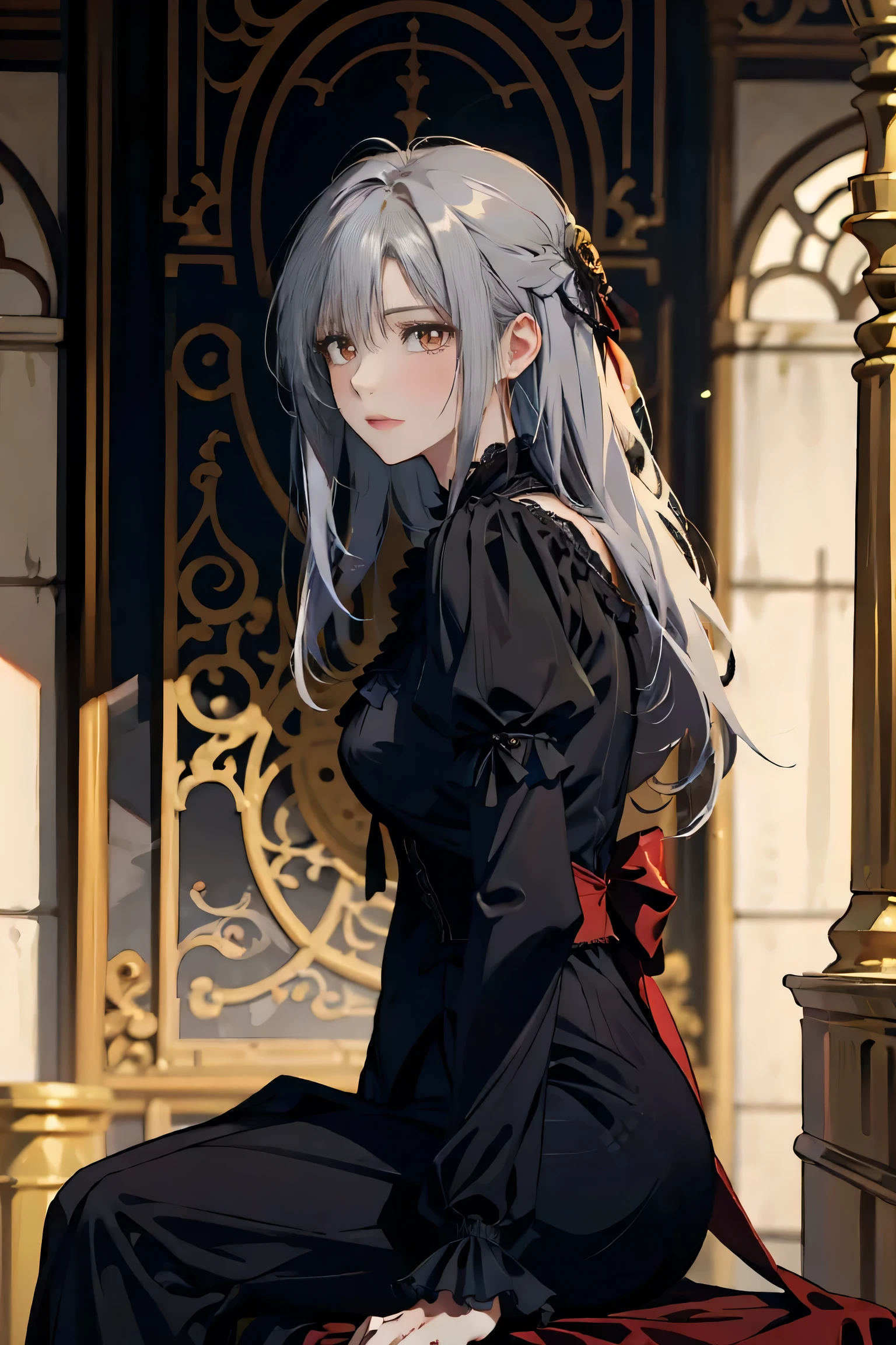 Silver-haired woman with golden eyes, wearing Victorian era black gown, sitting with a tired expression