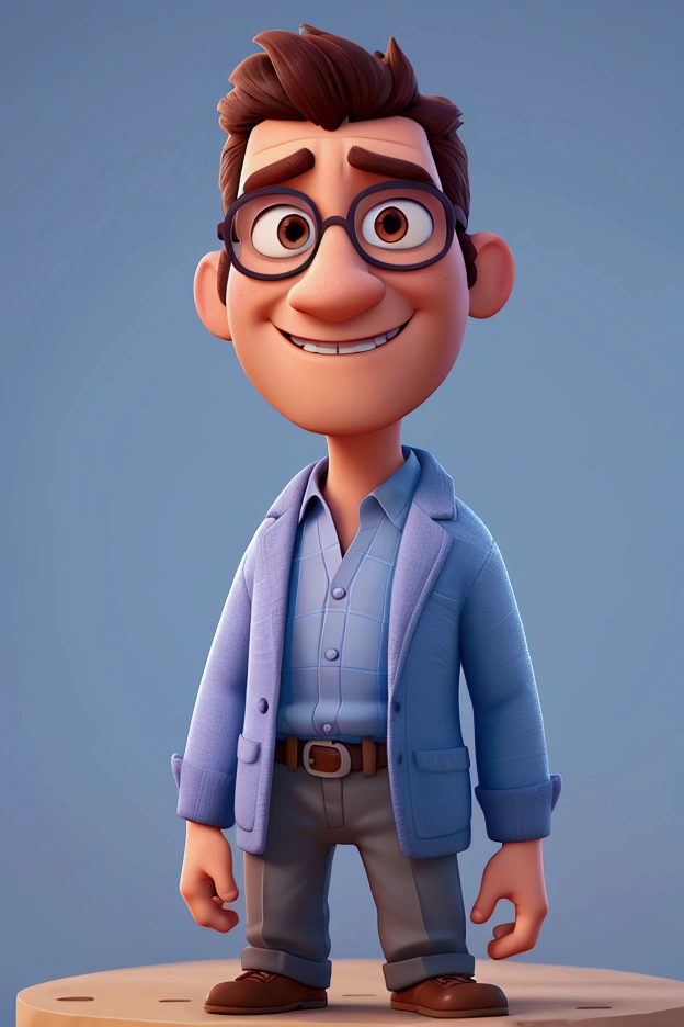 Cartoon character of a man in glasses and light blue shirt with gray blazer, an animated character, stylized character, animation style rendering, 3d stylized, Arnold Maya rendering, Stylized 3D rendering, toon render screenshot, 3d character, 3d character, Stylized 3D rendering, 3D character rendering, cartoon character, Personagem de close up, character posing, (Pixar-style) (master part:1.2) (bokeh) (best qualityer) (skin detailed) (detailed texture) (8k) (Argilla) (cinematic lighting) (sharp focus, Sit down and lift your upper body.