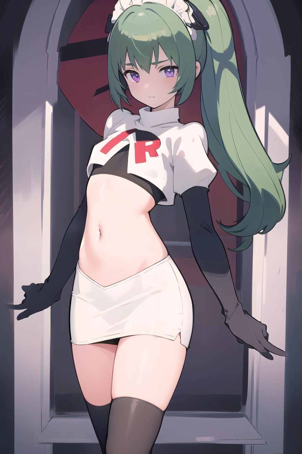 (best quality:1.3),(masterpiece:1.3),(illustration:1.3),(ultra-detailed:1.3),(imid shot:0.9),
1girl,solo,short neck,small breasts,
purple eyes,
twintails, maid headdress,green hair, team rocket,team rocket uniform,white skirt,red letter R,crop top,black thigh-highs,black elbow gloves