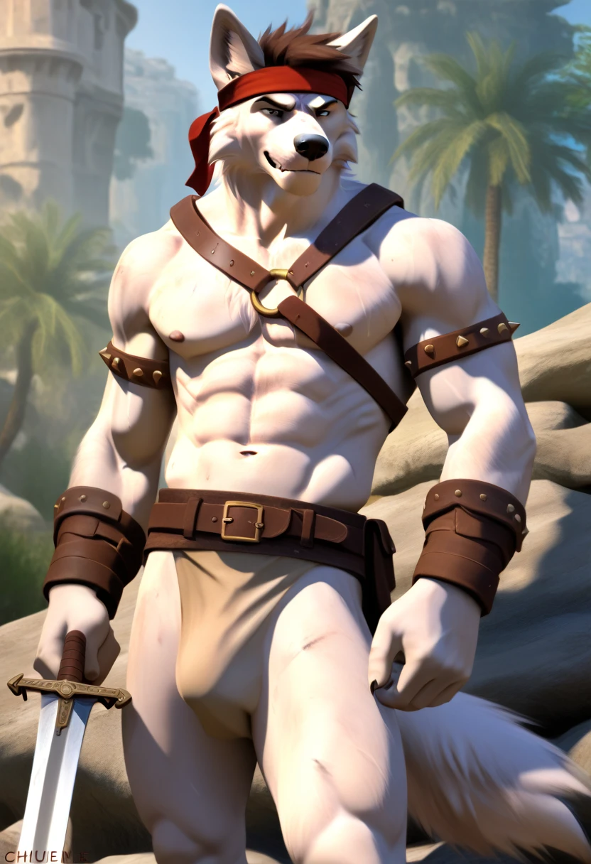 Solo Sexy anthro furry wolf male; ancient Mediterranean desert warrior; slim mesomorph handsome model apperance apperance; boy's messy short hair headband; sexy toned muscules; sword scars; worn out rusty sexy skimpy armament. He has low on hips heavy leather studded heavy belt. he has narrow in the crotch very old worn out jockstrap (smelly jockstrap fetish); His jockstrap it is made of old white linen material sewn together from a few pieces, it has never been washed, it is dirty and has stains from secretions of dried semen and sweat; His armor is old heavy brown harness with armlets studded with spikes; he has old brown leather BFR Bands on Biceps and his thighs, he has old worn out fingerless leather gloves. Even though he is a handsome and sexy man, he has a sloppy appearance, has disheveled unwashed dirty fur, dirty body look. He stands proudly bravely with one foot on a higher stone in the Mediterranean sunny pine forest; he has a proud, threatening and defiant expression on his face, with little dirty dangerous smile;