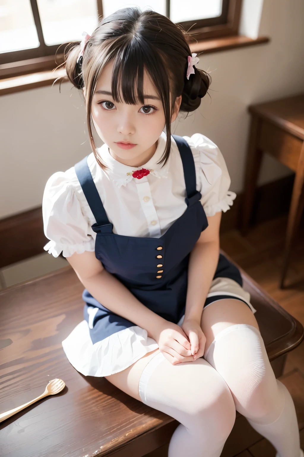 very cute and beautiful girl,(highly detailed beautiful face and eyes),
(smile:1.2),blush,looking at viewer,sailor ,short sleeve,pleated navy blue mini skirt,
black hair,low twintails,sitting,
chair near elevator hall of small hostel,
(best quality,masterpiece),absurdres,highres,ultra-detailed,extremely detailed,32k,8k resolution,
intricate details,cinematic scene,detailed background,solo,dynamic angle,