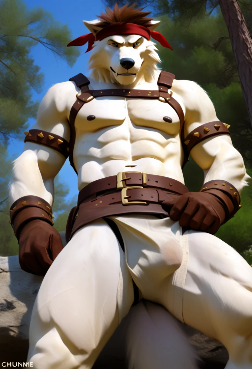 Solo Sexy anthro furry wolf male; ancient Mediterranean desert warrior; slim mesomorph handsome model apperance apperance; boy's messy short hair headband; sexy toned muscules; sword scars;  worn out rusty sexy skimpy armament. He has low on hips heavy leather studded heavy belt. he has narrow in the crotch very old worn out jockstrap (smelly jockstrap fetish); His jockstrap it is made of old white linen material sewn together from a few pieces, it has never been washed, it is dirty and has stains from secretions of dried semen and sweat; His armor is old heavy brown harness with armlets studded with spikes; he has old brown leather BFR Bands on Biceps and his thighs, he has old worn out fingerless leather gloves. Even though he is a handsome and sexy man, he has a sloppy appearance, has disheveled unwashed dirty fur, dirty body look. He stands proudly bravely with one foot on a higher stone in the Mediterranean sunny pine forest; he has a proud, threatening and defiant expression on his face, with little dirty dangerous smile; he has narrow in the crotch very old worn out jockstrap (smelly jockstrap fetish); His jockstrap it is made of old white linen material sewn together from a few pieces, it has never been washed, it is dirty and has stains from secretions of dried semen and sweat he has narrow in the crotch very old worn out jockstrap (smelly jockstrap fetish); His jockstrap it is made of old white linen material sewn together from a few pieces, it has never been washed, it is dirty and has stains from secretions of dried semen and sweat he has narrow in the crotch very old worn out jockstrap (smelly jockstrap fetish); His jockstrap it is made of old white linen material sewn together from a few pieces, it has never been washed, it is dirty and has stains from secretions of dried semen and sweat he has narrow in the crotch very old worn out jockstrap (smelly jockstrap fetish); His jockstrap it is made of old white linen material sewn together from a few pieces