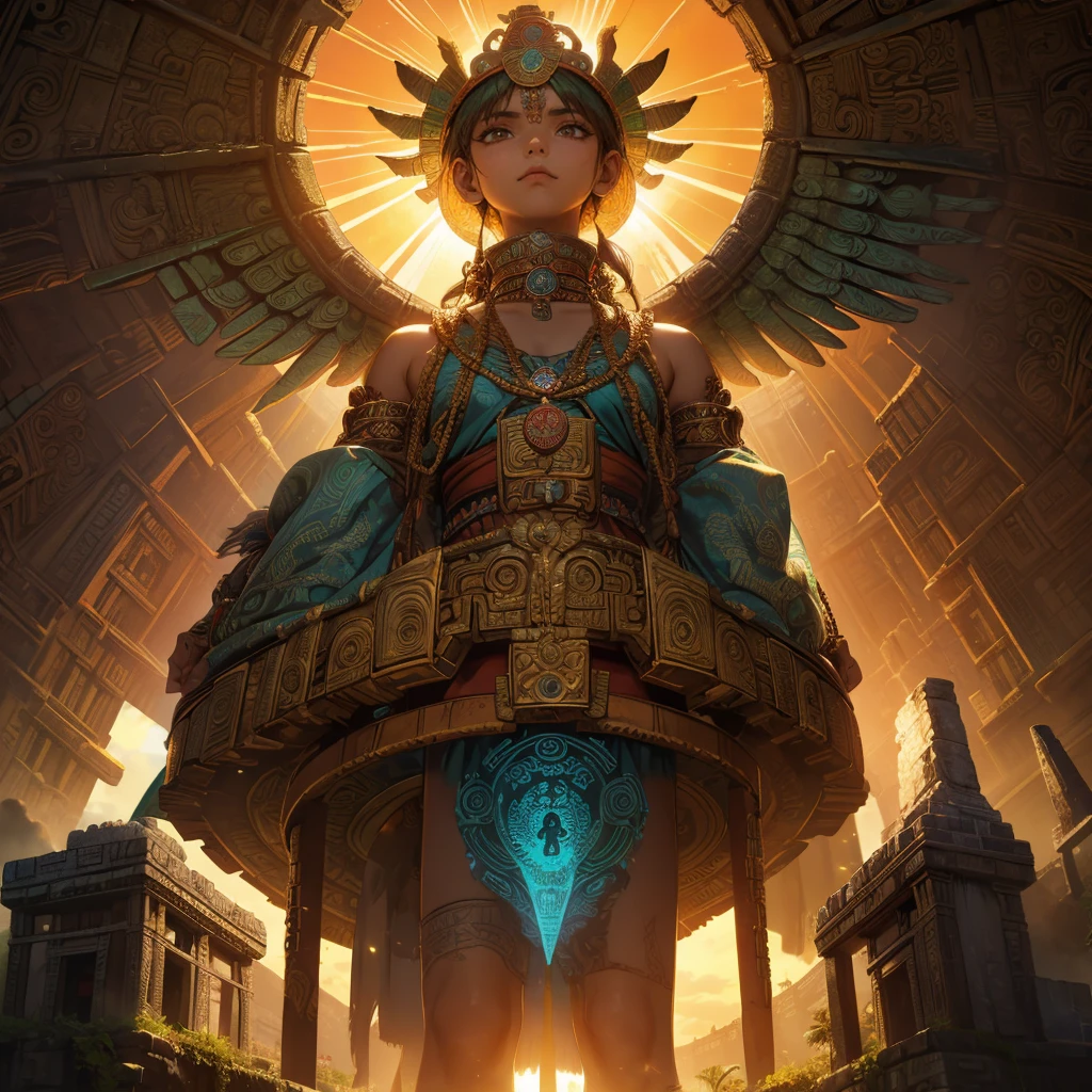 Childish, high quality、Very detailed、8Year、Mayan Aztec young priestess、Flying Feathered Serpent(Quetzalcoatl Kukulkan)look up at the sky and pray、Chichen Itza Forest Temple of the Sun、mysterious、The whole body is visible