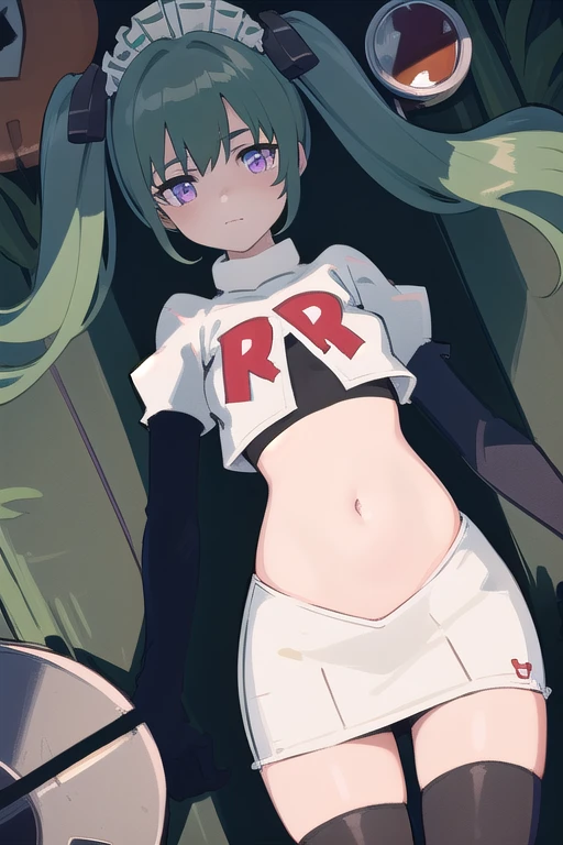(best quality:1.3),(masterpiece:1.3),(illustration:1.3),(ultra-detailed:1.3),(imid shot:0.9),
1girl,solo,short neck,small breasts,
purple eyes,
twintails, maid headdress,green hair, team rocket,team rocket uniform,white skirt,red letter R,crop top,black thigh-highs,black elbow gloves
