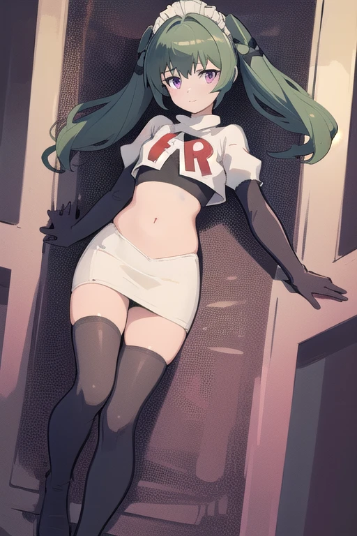 (best quality:1.3),(masterpiece:1.3),(illustration:1.3),(ultra-detailed:1.3),(imid shot:0.9),
1girl,solo,short neck,small breasts,
purple eyes,
twintails, maid headdress,green hair, team rocket,team rocket uniform,white skirt,red letter R,crop top,black thigh-highs,black elbow gloves