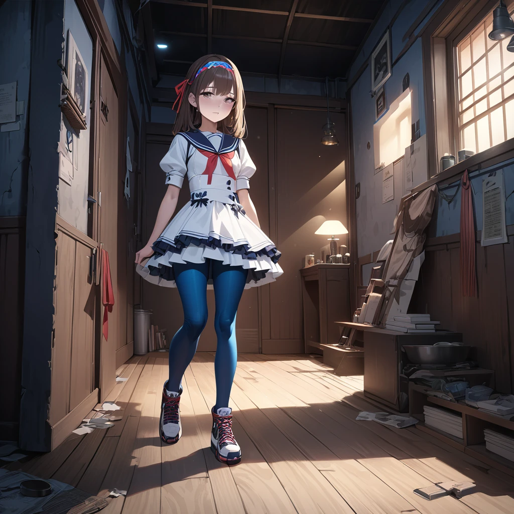 (Highest quality,4K,High resolution),Very detailed,Realistic, Japanese , Long brown hair,mysterious, Ecomodernism, Bokeh, Ribbon Headband,Small breasts,Futuristic Sailor Lolita Dress,Puff sleeves,White and blue,Colorful lighting, Red ribbon, Dark blue pantyhose,Sports boots, Have a flashlight, Walking alone through a haunted abandoned house, At night, Low Light, darkness, Very detailed, 4K. Blue tights, Skirt flipped up