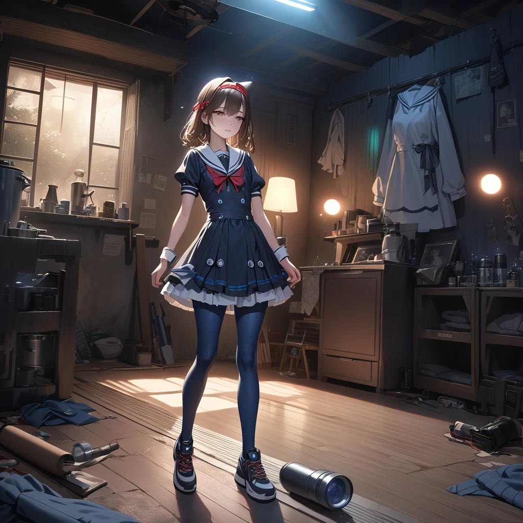 (Highest quality,4K,High resolution),Very detailed,Realistic, Japanese , Long brown hair,mysterious, Ecomodernism, Bokeh, Ribbon Headband,Small breasts,Futuristic Sailor ta Dress,Puff sleeves,White and blue,Colorful lighting, Red ribbon, Dark blue pantyhose,Sports boots, Have a flashlight, Walking alone through a haunted abandoned house, At night, Low Light, darkness, Very detailed, 4K. Blue tights, Skirt flipped up
