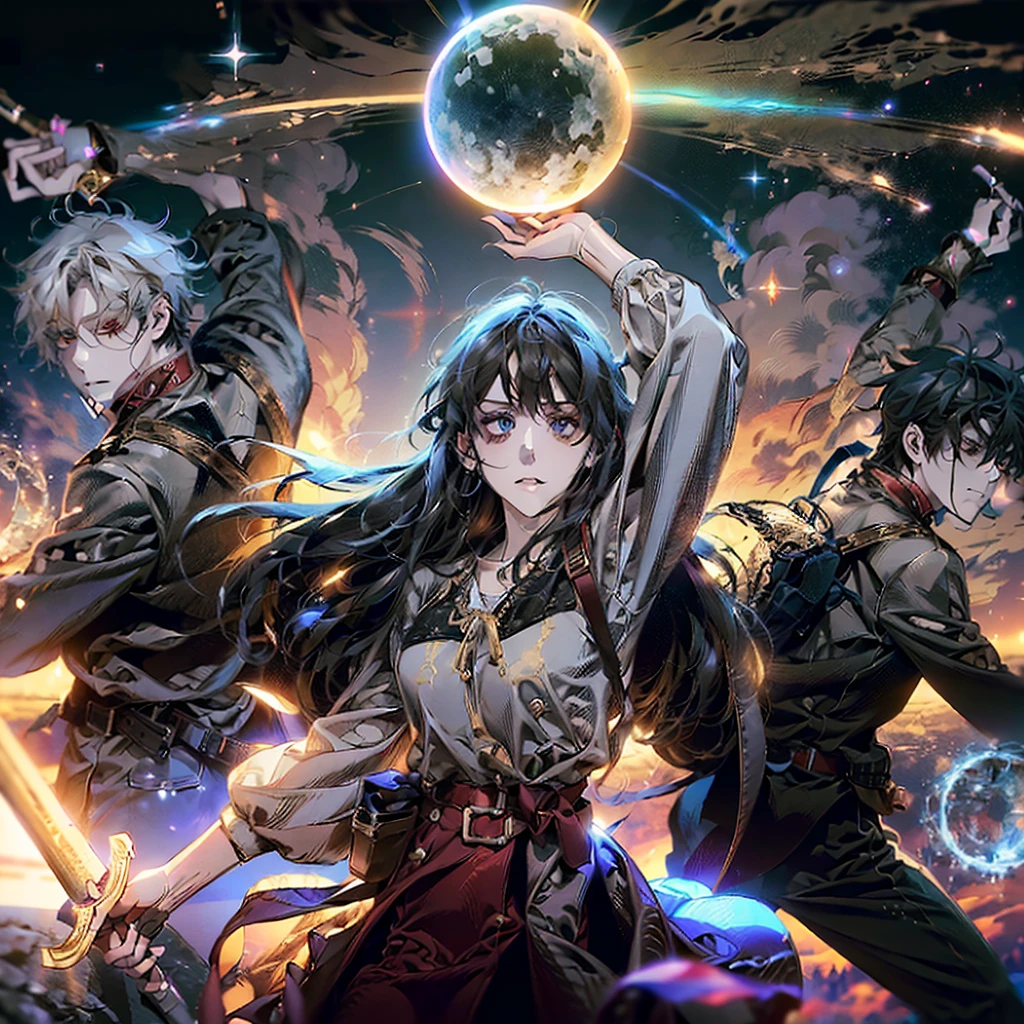 personagens de anime em um campo com um fundo de céu, anime arte principal, Anime isekai popular, capa de anime, visual principal do romance visual, isekai, anime em estilo fantasia, arte da capa da novela leve, visual principal do anime, arte principal, 2 0 2 1 anime, official visual principal do anime, visual principal do anime”, arte principal anime sharp focus, 25 melhores séries de anime de fantasia. Extremely detaild, intricate, 8K, HDR, natural light, cinematic lighting, masterpiece-anatomy-perfect, ultra HD, Space Battlefield, Unreal Engine, RAW photo, metallic, professional, ultra-fine painting, perfect body proportions, anatomically correct, uhd, real texture material, Anti-Aliasing, FKAA, TXAA, RTX, SSAO, Post Processing, Post Production, Tone Mapping, CGI, VFX, SFXHyper maximalist, Volumetric, ultra photorealultra-detailed intricate details