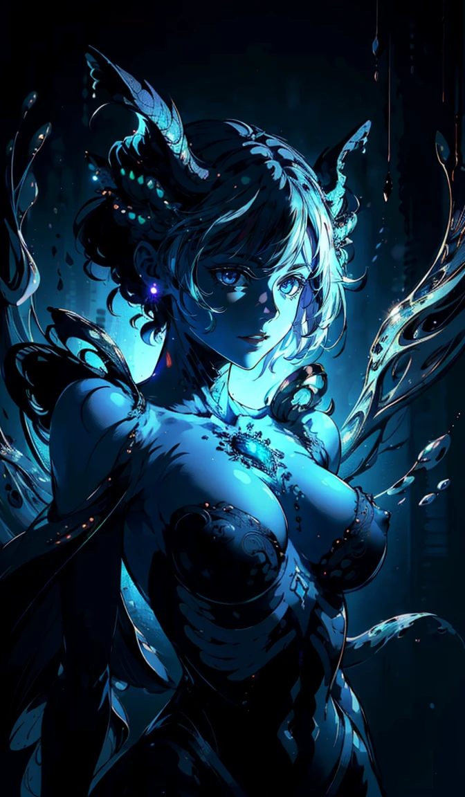 (NSFW), (masterpiece, best quality, hires, high resolution:1.2), (extremely detailed, intricate details, highres), hauntingly beautiful face, emerges from the depths, dark abyss, piercing eyes,hidden depths of the soul, mysterious beauty, intricate abstract, intricate artwork, non-representational, colors and shapes, expression of feelings, imaginative, highly detailed
