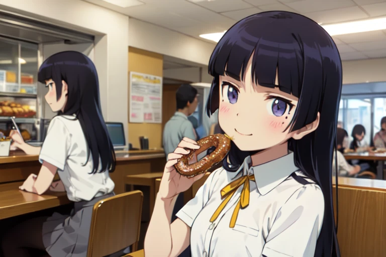 (Eating a donut), A diner with rows of colorful donuts, Retro interior, Smiling and holding a donut, Vibrant colors, American style design, (ruri gokou), girl, (alone), Hime cut,  Black socks, Short sleeve, Grey Skirt, Hime cut, push into, Collared shirt, Yellow ribbon, uniform, masterpiece,