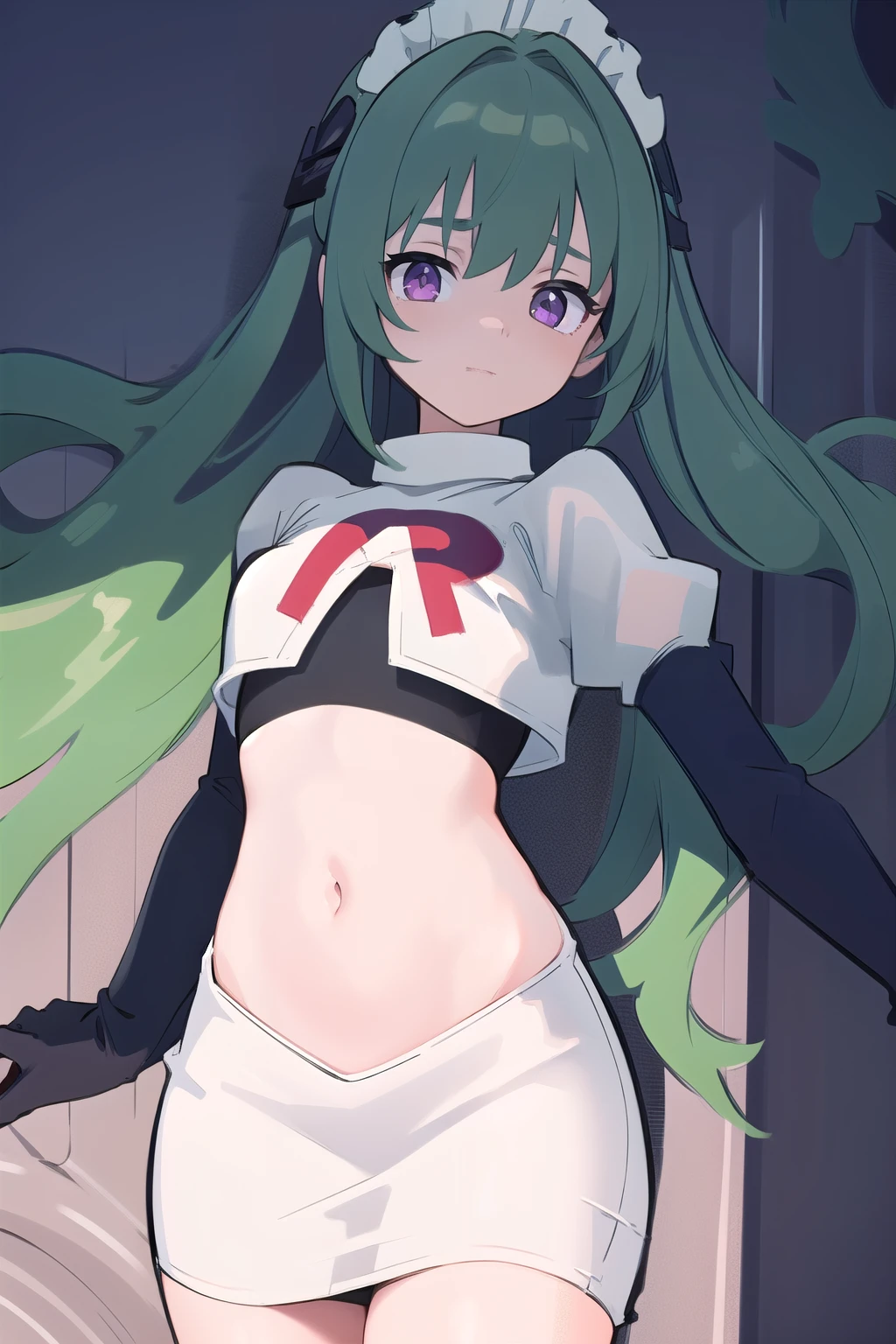 (best quality:1.3),(masterpiece:1.3),(illustration:1.3),(ultra-detailed:1.3),(imid shot:0.9),


1girl,solo,short neck,small breasts,



purple eyes,


twintails, maid headdress,green hair, team rocket,team rocket uniform,white skirt,red letter R,crop top,black thigh-highs,black elbow gloves