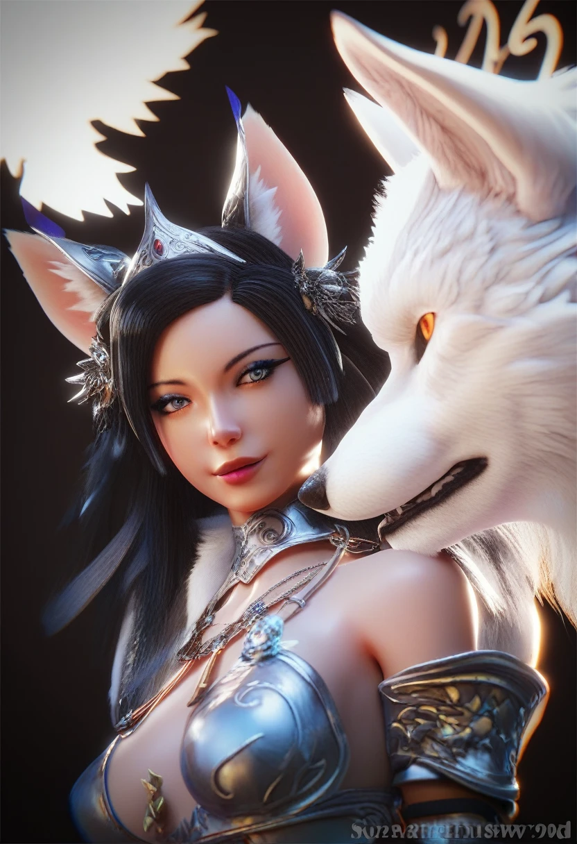 a beautiful kemono wolf warrior goddess, wolf ears and tail, dark black and silver armor, obsidian black hair, dark black background, surrounded by white wolfs, fantasy art, glowing symbols, engraved patterns, silver trim, black hair, wolf tail, enchanting glow, dark magic, mysterious aura, shadow, fantasy setting, guardian, secrets, mist, darkness, mysterious, shadowy, 3d, cool, dark, beautiful, evil