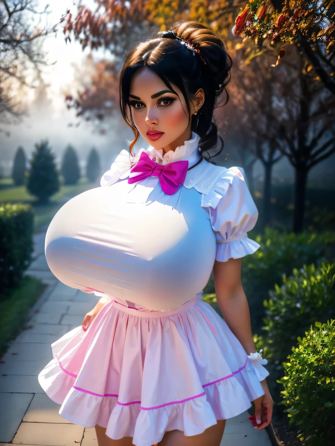 DisneySnowWhite, bow, makeup, puffy short sleeves, hairband, (detailed eyes:0.8), (detailed lips:0.8), blush, textured skin, hourglass figure, (photorealistic:1.2), (warm colors, low contrast, 8k, high quality, shot on Fujifilm X-T4, 85mm f1.2), gigantic breasts, (colorful dress with high collar:1.2), walking in a rose garden, evening, fog, mist