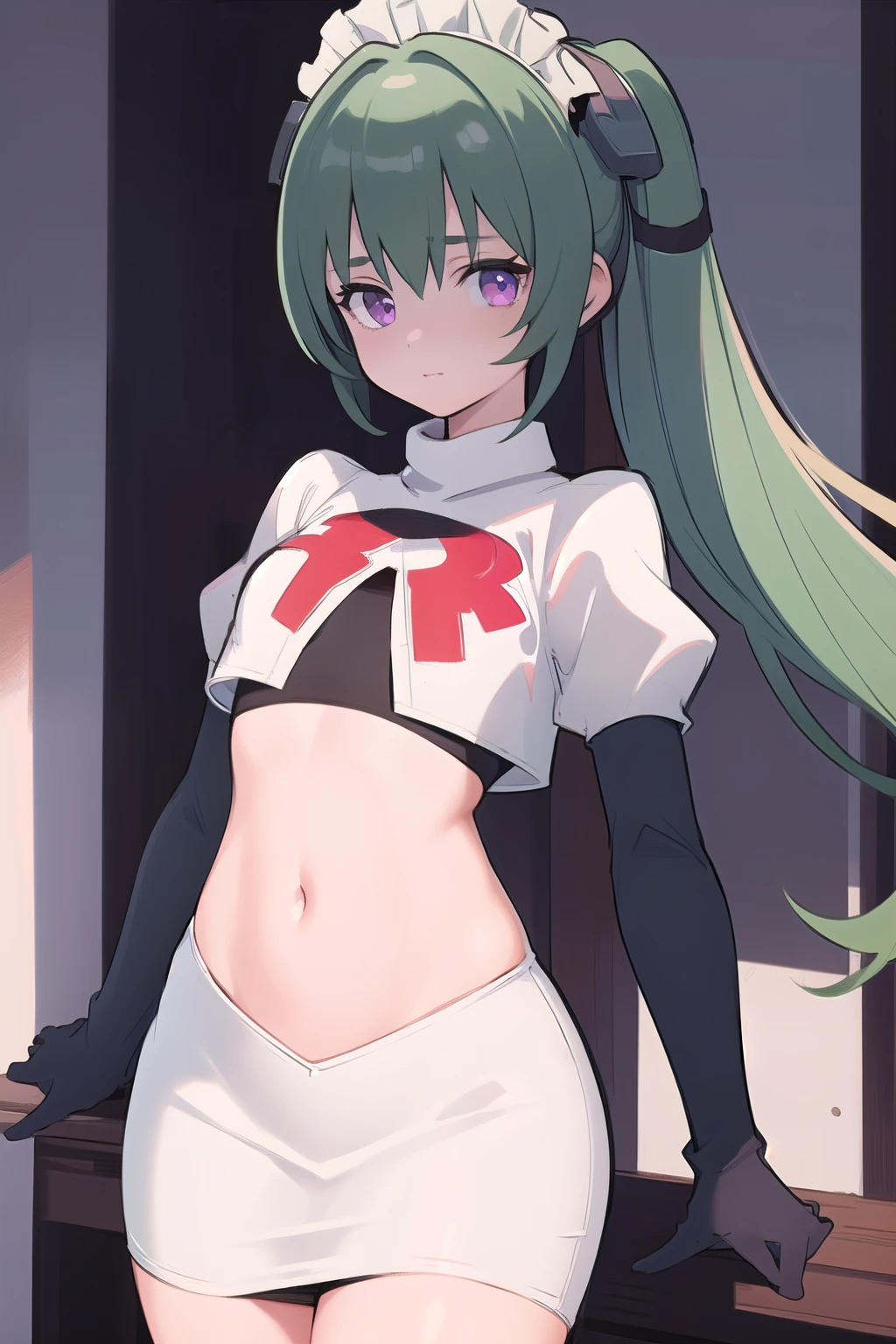 (best quality:1.3),(masterpiece:1.3),(illustration:1.3),(ultra-detailed:1.3),(imid shot:0.9),


1girl,solo,short neck,small breasts,



purple eyes,


twintails, maid headdress,green hair, team rocket,team rocket uniform,white skirt,red letter R,crop top,black thigh-highs,black elbow gloves