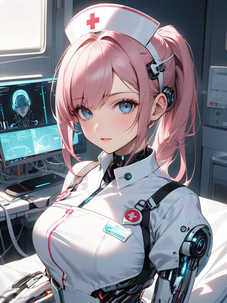 Attractive cyborg nurse, Looking into the patient's face from the side of the bed, We will fully support you during your hospital stay, A refreshing and captivating smile, Sincere love, Devoted Service, BREAK: View from the patient lying in bed, Peek in and see what's going on, BREAK A cyborg that represents a mature woman, It has the appeal to captivate patients, Senior Nurse, specialist,