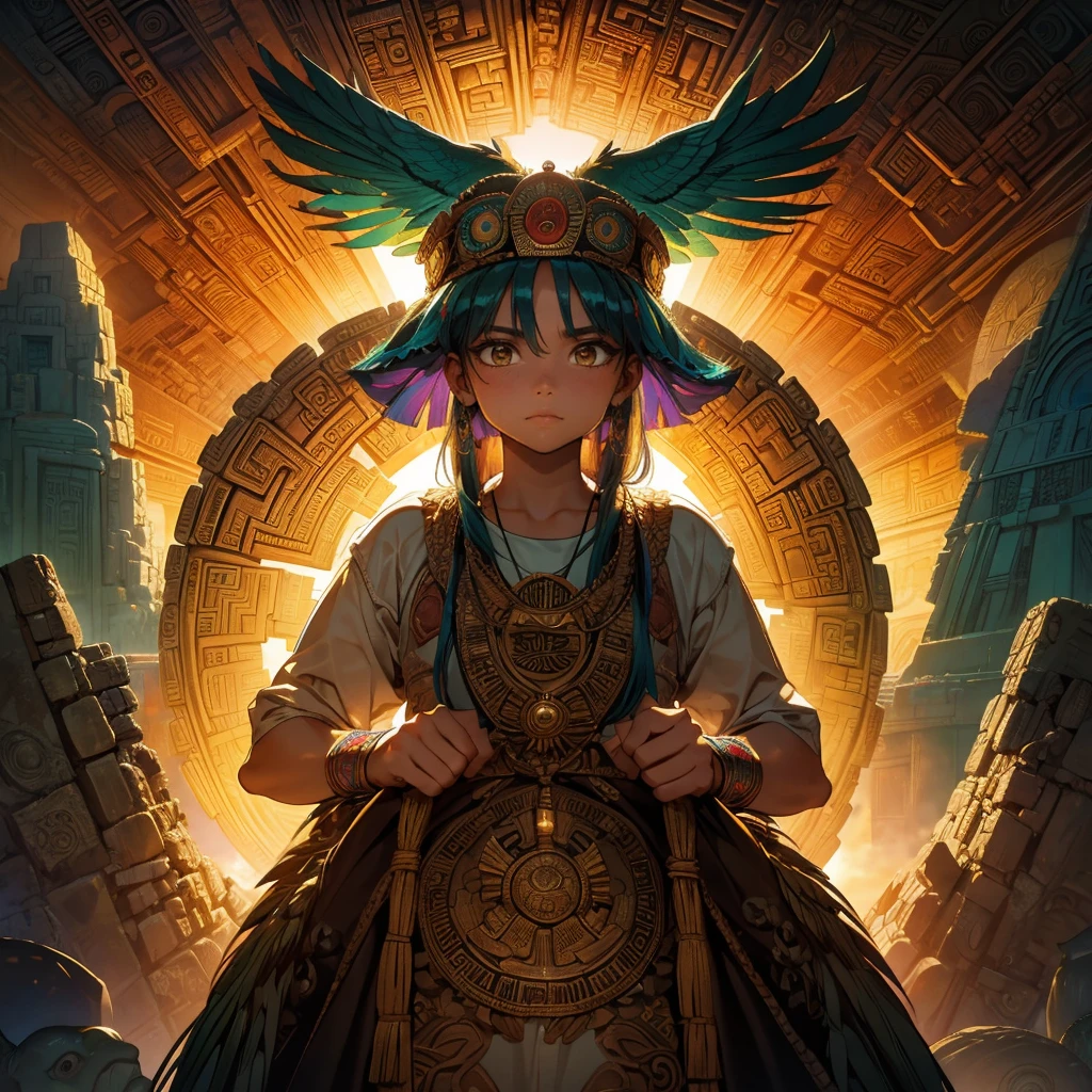 Childish,  high quality、Very detailed、８Year、Mayan Aztec young priestess、Flying Feathered Serpent（Quetzalcoatl Kukulkan）look up at the sky and pray、Chichen Itza Forest Temple of the Sun、mysterious、The whole body is visible