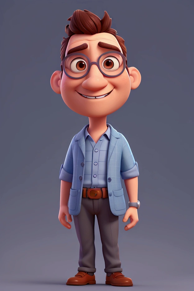 Cartoon character of a man with glasses and very short hair, wearing a light blue shirt and a gray blazer, an animated character, stylized character, animation style rendering, 3d stylized, Arnold Maya rendering, Stylized 3D rendering, toon render screenshot, 3d character, 3d character, Stylized 3D rendering, 3D character rendering, cartoon character, Personagem de close up, character posing, (Pixar-style) (master part:1.2) (bokeh) (best qualityer) (skin detailed) (detailed texture) (8k) (Argilla) (cinematic lighting) (sharp focus, Sit down and lift your upper body.