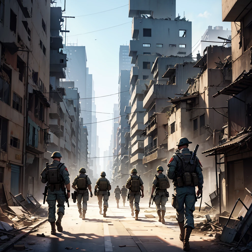 War, Many futuristic soldiers in a destroyed city. Civilian observing.