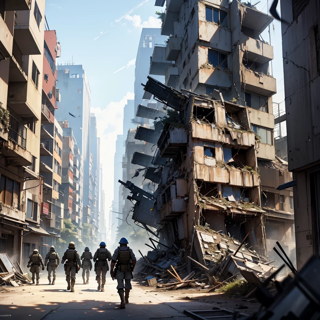 War, Many futuristic soldiers in a destroyed city. Civilian observing.