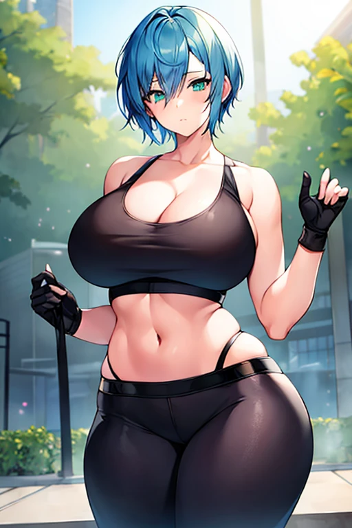 1girl, blue hair, pixie cut, very short hair, green eyes, one eye covered, hair over one eye, hair over eyes, sportswear, sports bra, gloves, black sports bra, pants, belt, forest, milf, mature female, hourglass figure, glowing eyes, shirt, large breasts, thick thighs, wide hips, blue trim, highleg panties, string panties, toned female, toned, fingerless gloves