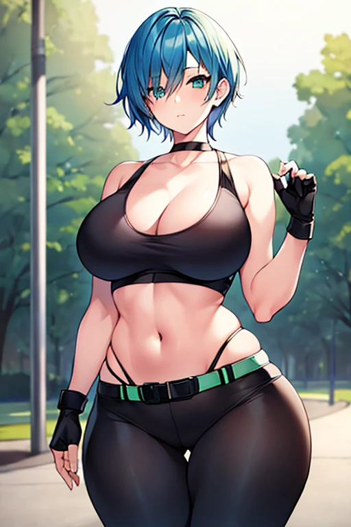 1girl, blue hair, pixie cut, very short hair, green eyes, one eye covered, hair over one eye, hair over eyes, sportswear, sports bra, gloves, black sports bra, pants, belt, forest, milf, mature female, hourglass figure, glowing eyes, shirt, large breasts, thick thighs, wide hips, blue trim, highleg panties, string panties, toned female, toned, fingerless gloves