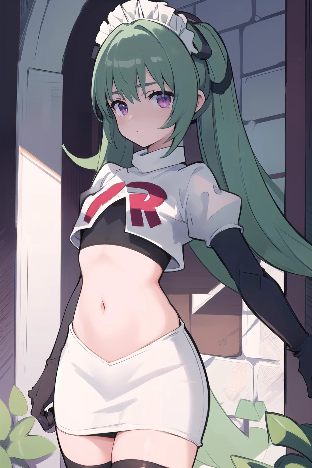 (best quality:1.3),(masterpiece:1.3),(illustration:1.3),(ultra-detailed:1.3),(imid shot:0.9),
1girl,solo,short neck,small breasts,
purple eyes,
twintails, maid headdress,green hair, team rocket,team rocket uniform,white skirt,red letter R,crop top,black thigh-highs,black elbow gloves