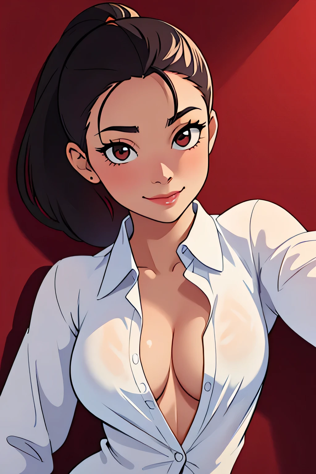 Amazing portrait of a sexy woman with her hair tied back in a bun gazing and smiling seductively at us as she poses sultry against a wall showing off her curves in a sheer white shirt and pajamas that are unbuttoned slightly showing off her hot red lingerie in a dimly lit room giving off an intimate vibe