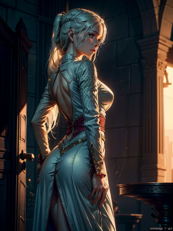 Rhaenyra in a tight silver dress, her round ass hugging the dress, standing on a balcony looking out, (best quality,4k,8k,highres,masterpiece:1.2),ultra-detailed,(realistic,photorealistic,photo-realistic:1.37),extremely detailed face and eyes, beautiful detailed lips, longeyelashes, detailed clothing folds, intricate silver dress, cinched waist, stunning beauty, elegant pose, dramatic lighting, soft focus on the ass, high contrast, vivid colors, cinematic composition, concept art style