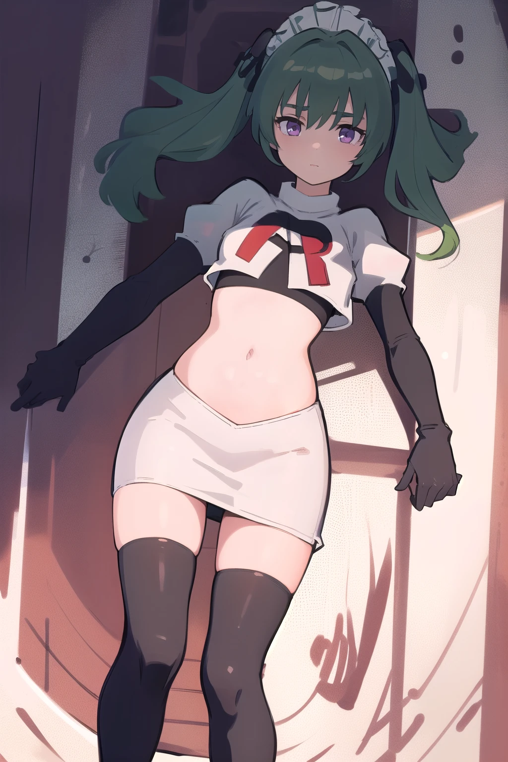(best quality:1.3),(masterpiece:1.3),(illustration:1.3),(ultra-detailed:1.3),(imid shot:0.9),
1girl,solo,short neck,small breasts,
purple eyes,
twintails, maid headdress,green hair, team rocket,team rocket uniform,white skirt,red letter R,crop top,black thigh-highs,black elbow gloves