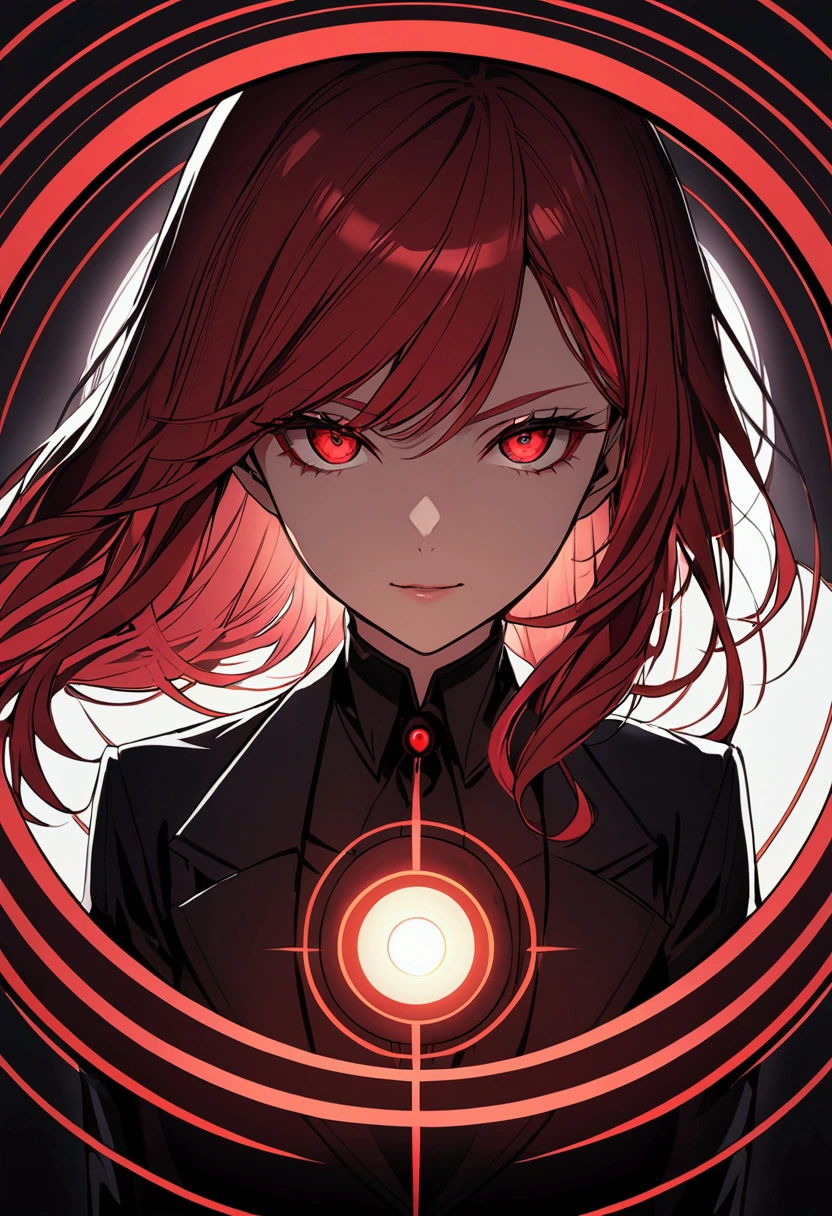 woman with black and red hair, red eyes with circles on the iris, with a dark smile, wearing a black suit
