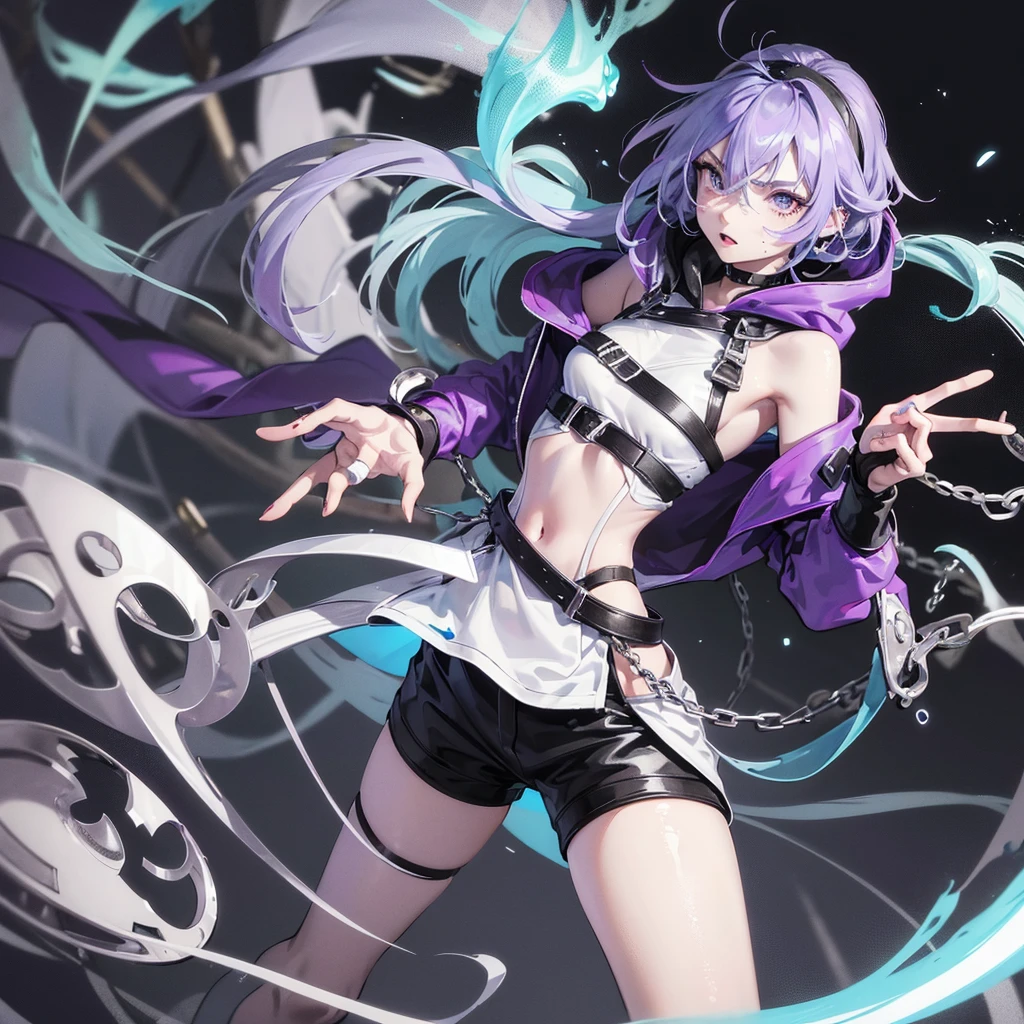 1 girl, light skin color, long light blue hair, purple eyes, freckles purple hooded, black shorts, fingerless gloves, a beautiful facial expression, claw marks on the face, tied champion model, pale skin color, black bandana