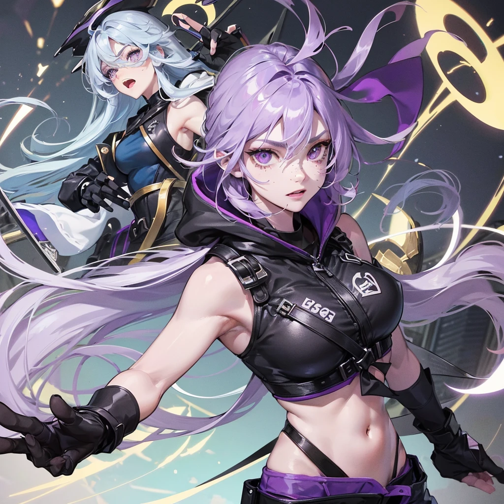 1 girl, light skin color, long light blue hair, purple eyes, freckles purple hooded, black shorts, fingerless gloves, a beautiful facial expression, claw marks on the face, tied champion model, pale skin color, black bandana