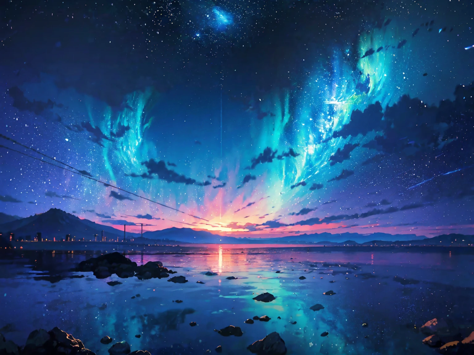 Imposing mountains reflected in the calm waters of a crystal clear lake々painted、Peaceful landscape anime style scene.. By Makoto Shinkai, anime art wallpaper 4k, anime art wallpaper 4k, 8K anime art wallpapers, 4k anime wallpaper, 4k anime wallpaper, 4k anime wallpaper, animated sky, awesome wallpapers, animated background, Celestial planets in the background., animated background art