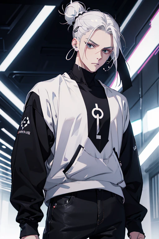 Anime man gradient young white hair low on shaved sides turns hair bun to the left side in the middle serious face with black earrings black sweatshirt Speed jeans futuristic clothes black dark circles big black hair big brown hair extremely futuristic clothes futuristic clothes