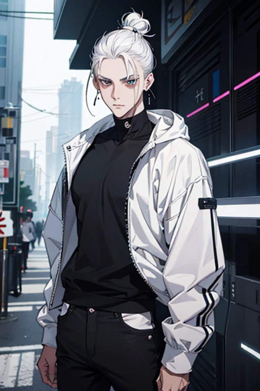 Anime man gradient young white hair low on shaved sides turns hair bun to the left side in the middle serious face with black earrings black sweatshirt Speed jeans futuristic clothes black dark circles big black hair big brown hair extremely futuristic clothes futuristic clothes