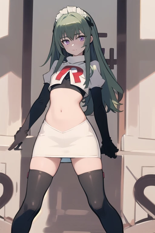 (best quality:1.3),(masterpiece:1.3),(illustration:1.3),(ultra-detailed:1.3),(imid shot:0.9),
1girl,solo,short neck,small breasts,
purple eyes,
twintails, maid headdress,green hair, team rocket,team rocket uniform,white skirt,red letter R,crop top,black thigh-highs,black elbow gloves