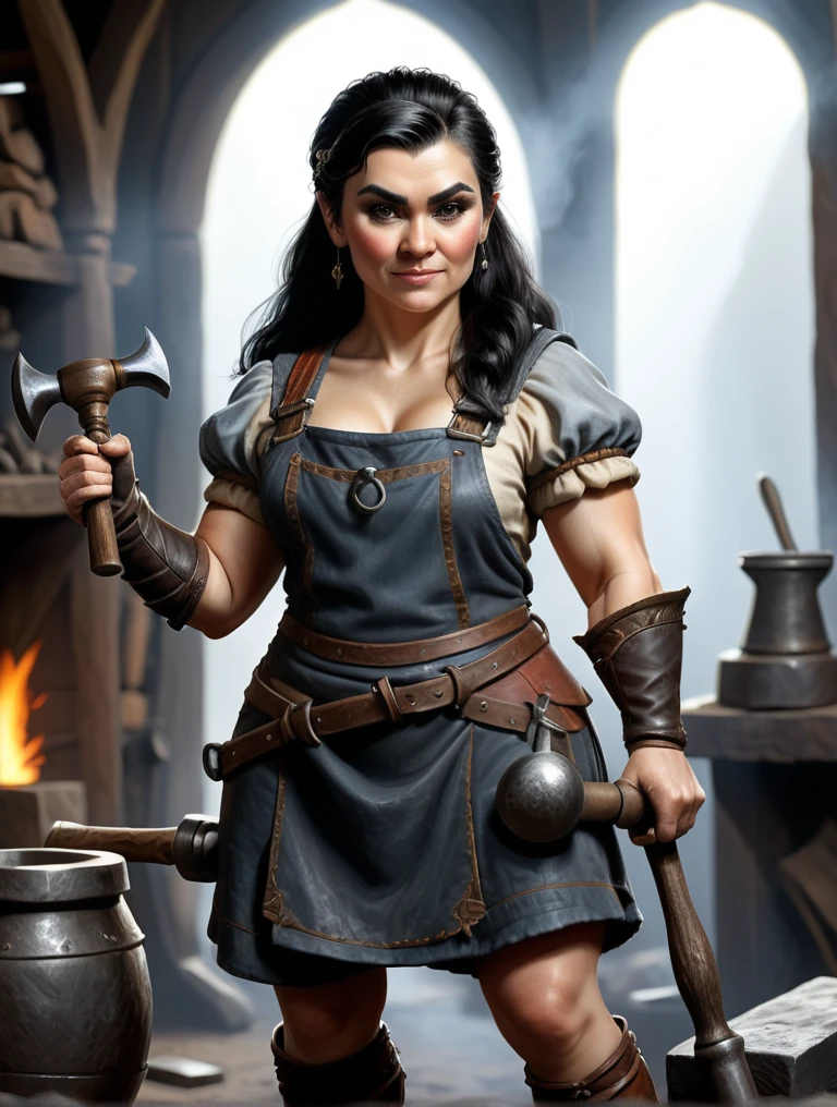 Fantasy style dwarf woman blacksmith with hammer in hand, working on a smith, black hair, dwarf blacksmith