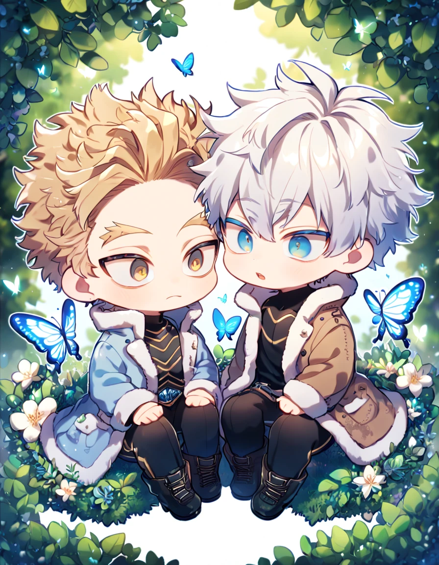 absurdres, highres, ultra detailed, HDR, master piece, best quality, extremely detailed face, delicated features, Hawks chibi, ash-blonde hair, expressive golden brown eyes, Boku No Hero Academia, Gojou Satoru chibi, white hair, expressive blue eyes, white eyelashes, two boys sitting together, yaoi, gay couple, cute, light-blue coat with fur, brown jacket with fur, black tight shirt with patterns, fantasy, magical, butterflies, summer, green leaves, flowers, water