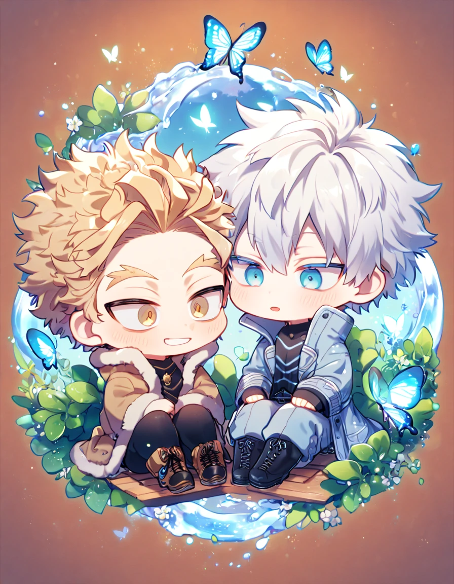 absurdres, highres, ultra detailed, HDR, master piece, best quality, extremely detailed face, delicated features, Hawks chibi, ash-blonde hair, expressive golden brown eyes, Boku No Hero Academia, Gojou Satoru chibi, white hair, expressive blue eyes, white eyelashes, two boys sitting together, yaoi, gay couple, cute, light-blue coat with fur, brown jacket with fur, black tight shirt with patterns, fantasy, magical, butterflies, summer, green leaves, flowers, water