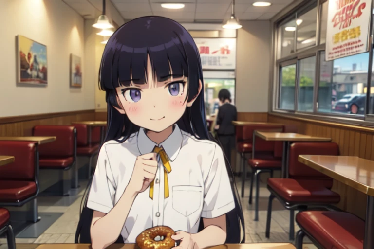 (Eating a donut), A diner with rows of colorful donuts, Retro interior, Smiling and holding a donut, Vibrant colors, American style design, (ruri gokou), girl, (alone), Hime cut, Black socks, Short sleeve, Grey Skirt, Hime cut, push into, Collared shirt, Yellow ribbon, uniform, masterpiece,