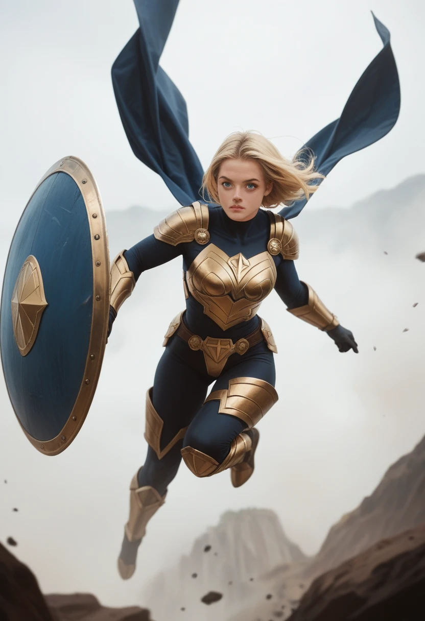 Female superhero, blonde hair, golden and black armor, flying, wearing round shield, blue eyes