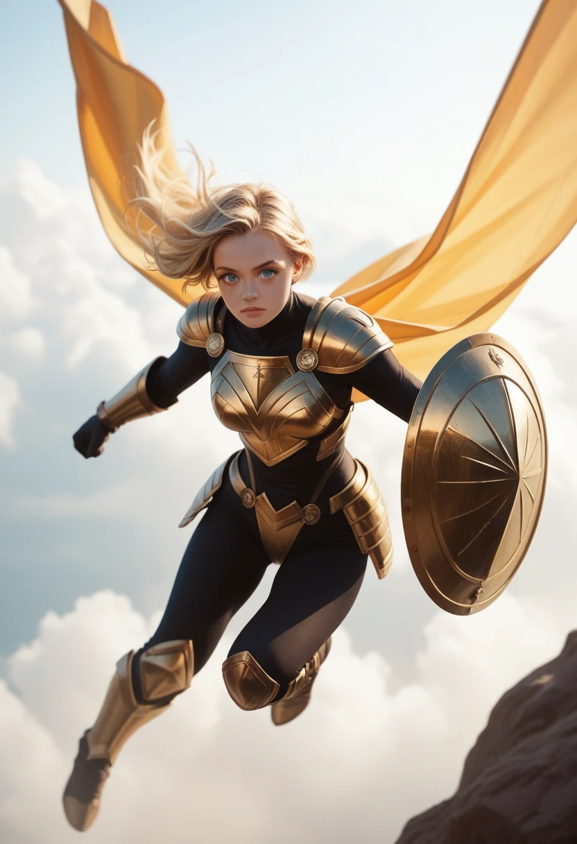 Female superhero, blonde hair, golden and black armor, flying, wearing round shield, blue eyes