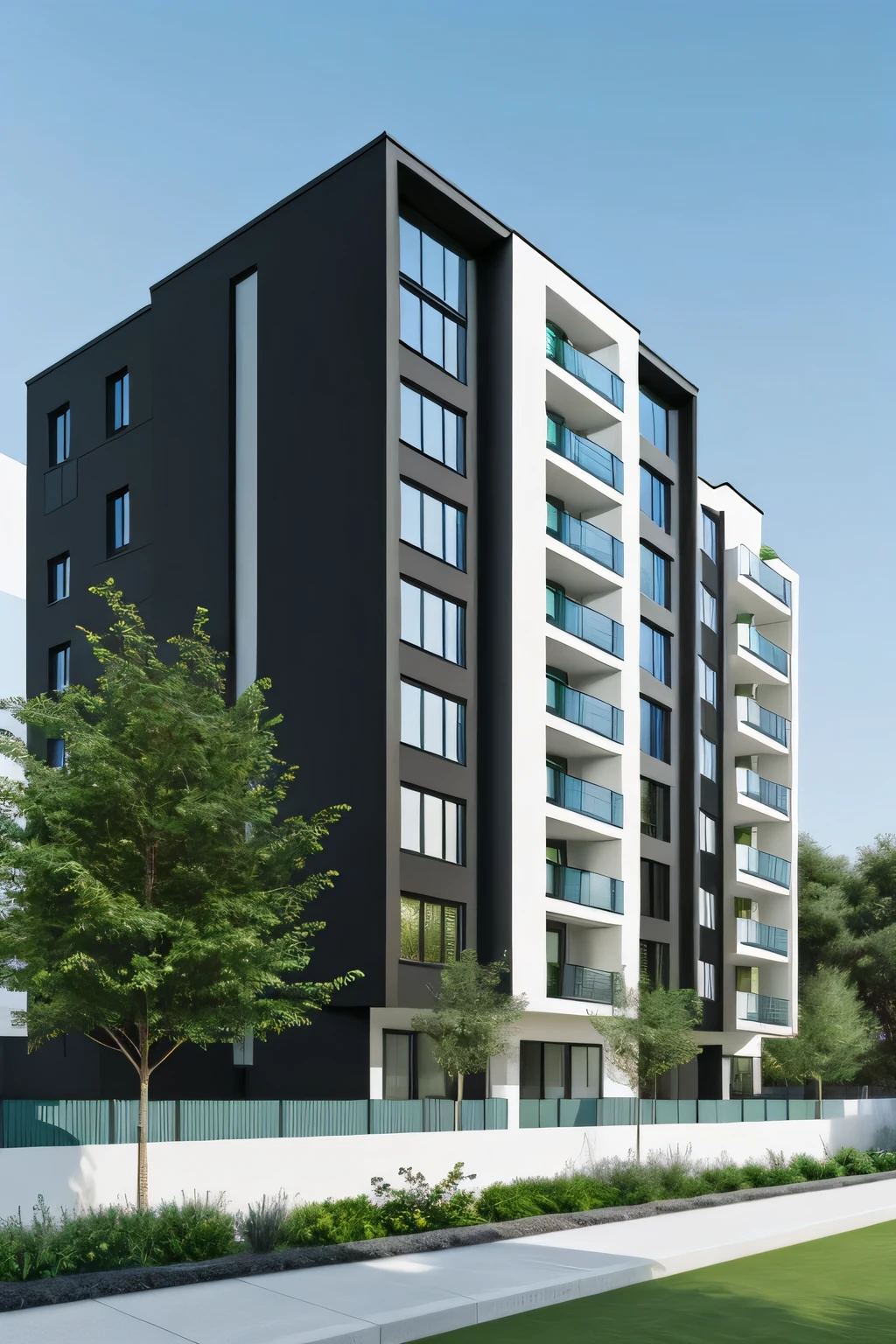 Professional 3d architecture perspective rendering design of modern and minimal apartments curve facade with blue slab stone and black stone and green space between windows
