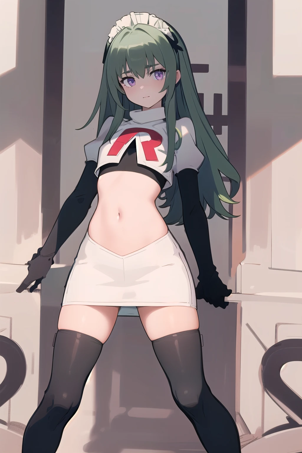 (best quality:1.3),(masterpiece:1.3),(illustration:1.3),(ultra-detailed:1.3),(imid shot:0.9),
1girl,solo,short neck,small breasts,
purple eyes,
twintails, maid headdress,green hair, team rocket,team rocket uniform,white skirt,red letter R,crop top,black thigh-highs,black elbow gloves