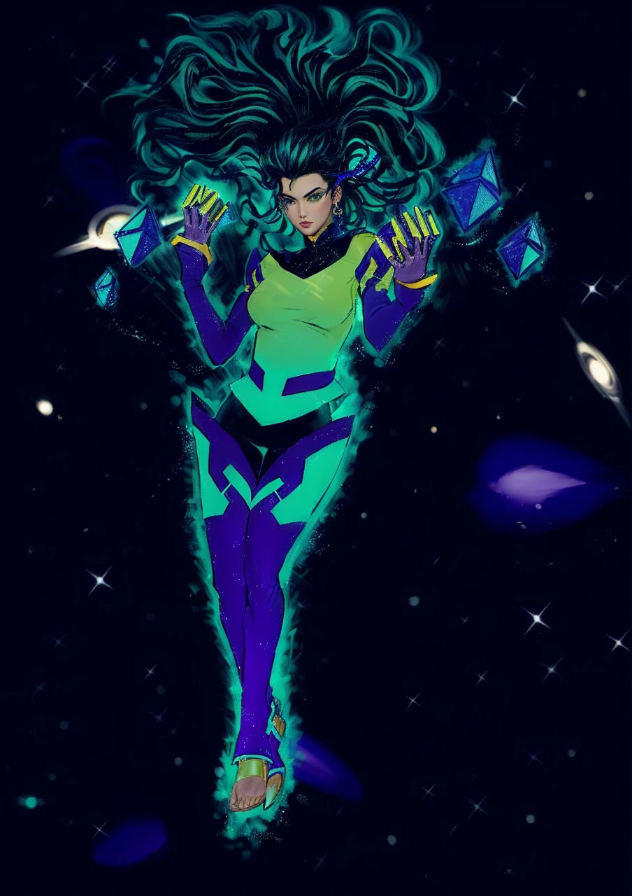 a drawing of a woman in yellow and blue clothes holding a book, 90s comic book character design, posing like a jojo character, joline Joestar, jjba, comic book character, comic character, colourful drawing, inspired noCHAMBA, jojo anime style, inspired by Fra Bartolomeo, colourful drawing, space dandy anime dandy, full body concept