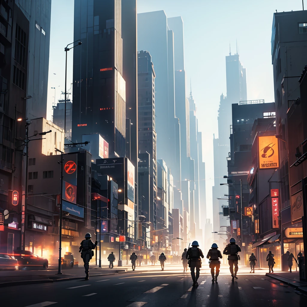 High resolution, perspective, silhouette, futurism, War, soldiers, Civilians, children, futuristic city.
