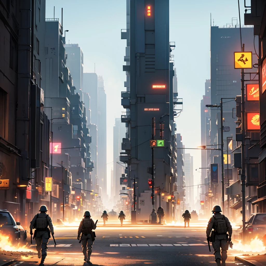 High resolution, perspective, silhouette, futurism, War, soldiers, Civilians, children, futuristic city.